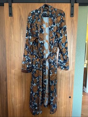 Floral Navy and Rust Silk Robe - Men’s